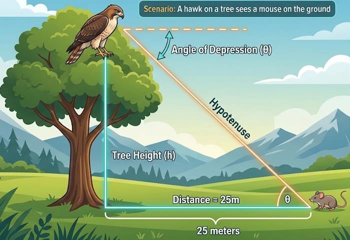 A hawk on a tree sees a mouse on the ground 25 m away at an angle of depression θ