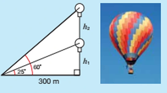 Hot-air balloon seen from 300 m away at angles of elevation 25° and 60°, heights h1 and h2