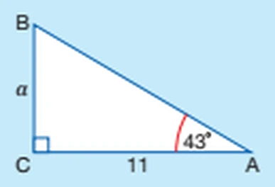 Right-angled triangle ABC with angle 43° at A, CA = 11 and BC = a
