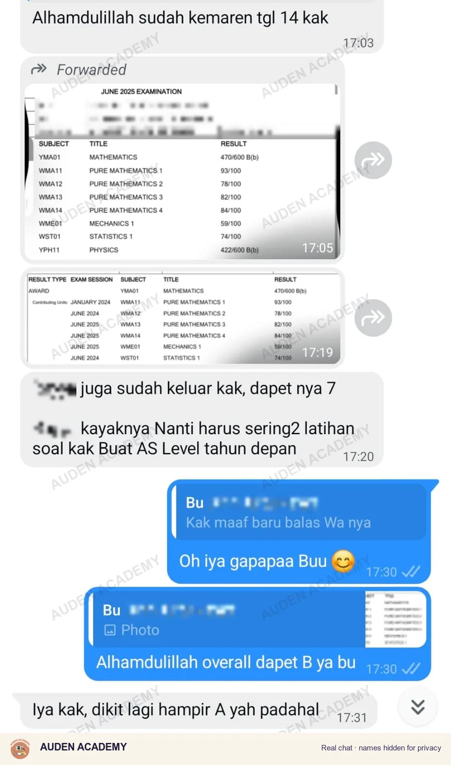 WhatsApp message from a parent: IAL Mathematics, Overall B · Pure 1 at 93/100