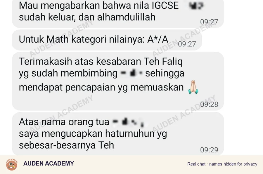 WhatsApp message from a parent: IGCSE Mathematics, A*/A