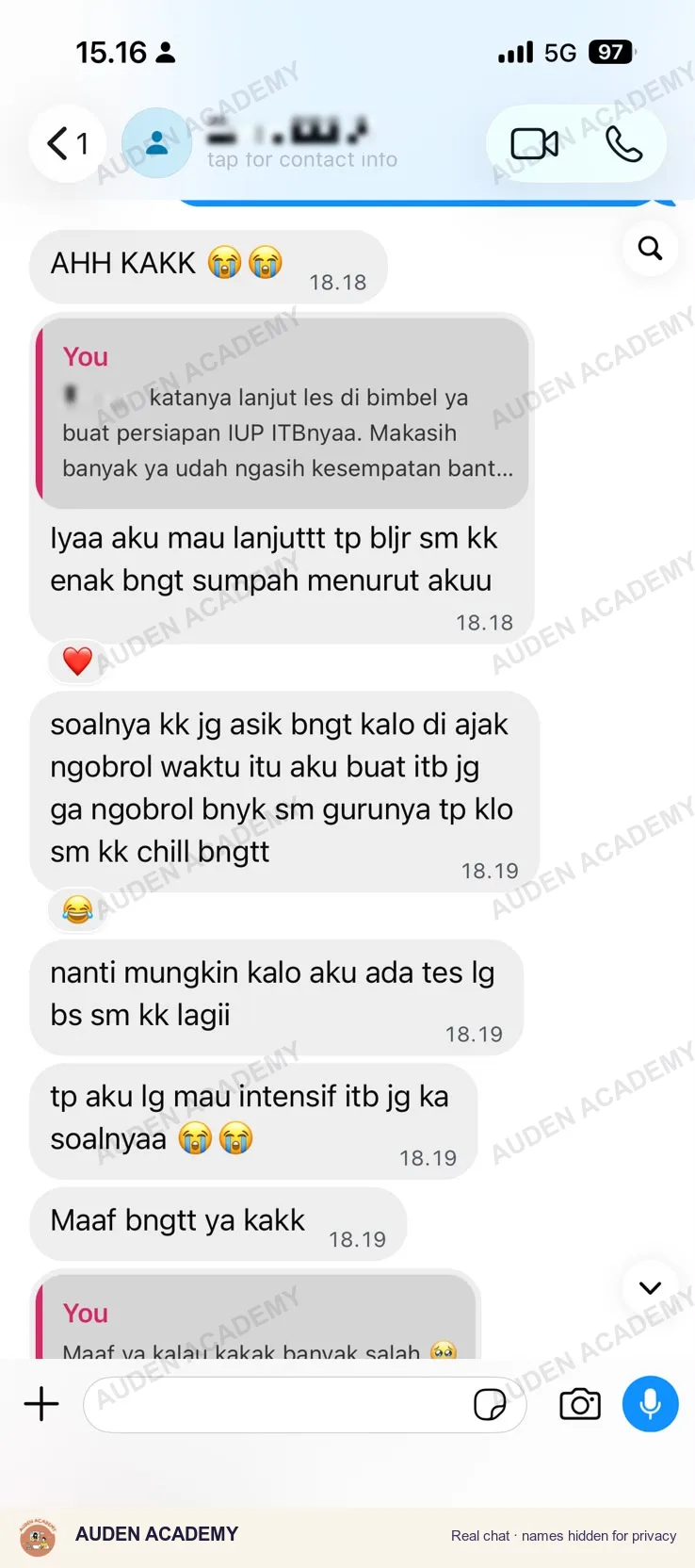 WhatsApp message from a student: ITB IUP Prep, "Learning with kakak felt so chill"