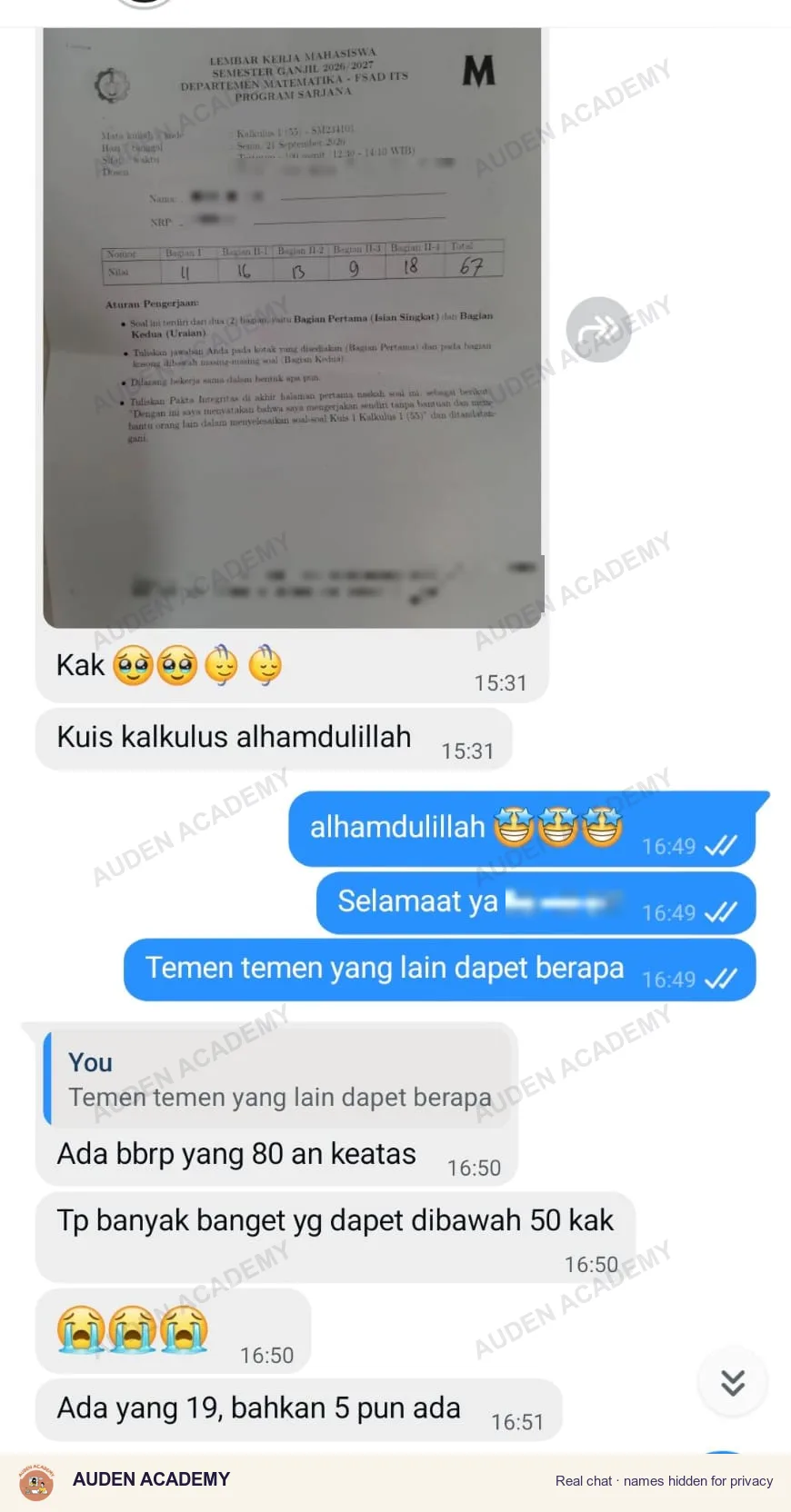 WhatsApp message from a student: ITS Calculus 1 Quiz, 67 while most scored under 50