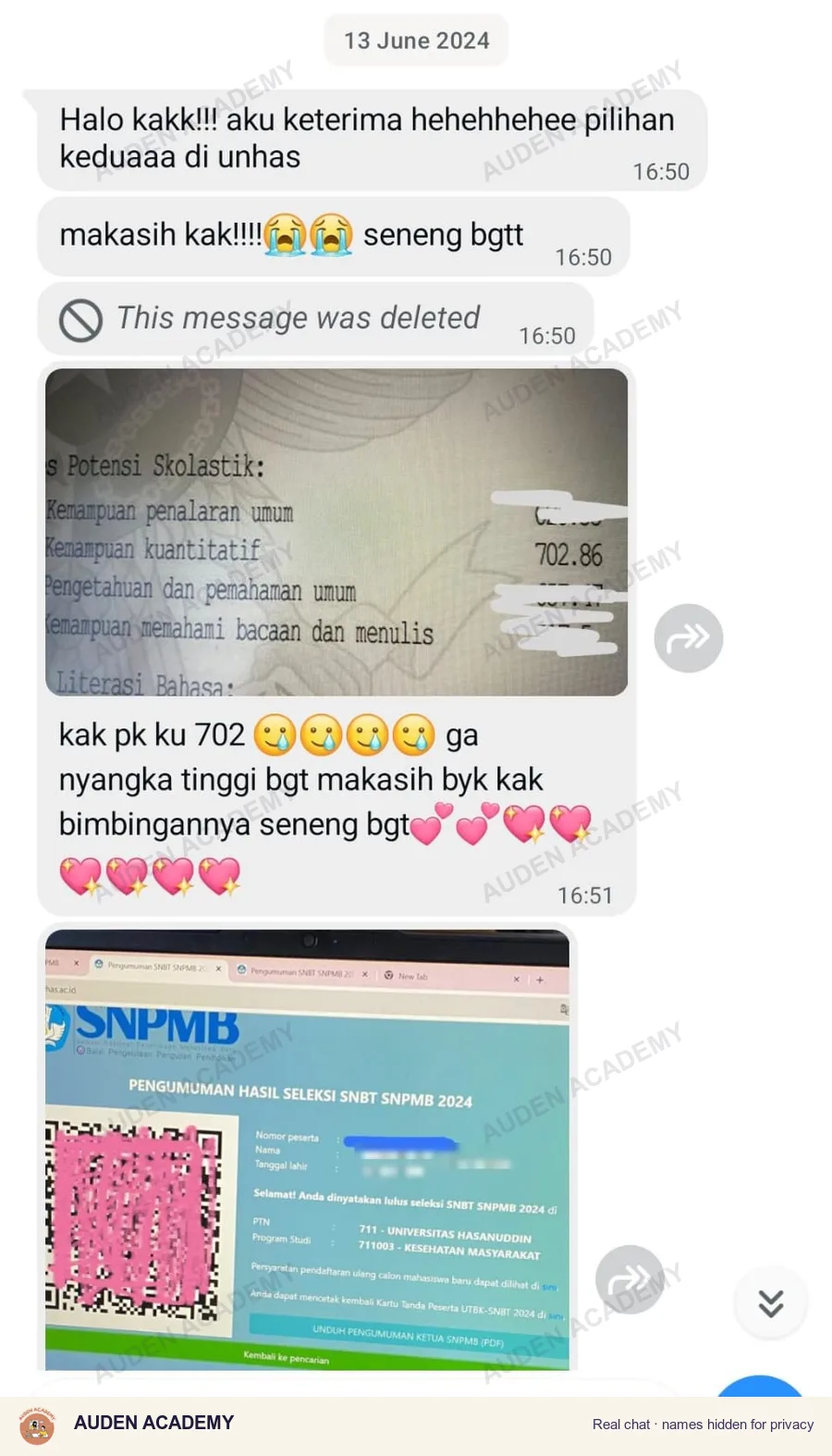 WhatsApp message from a student: UTBK Penalaran Kuantitatif, 702 · Accepted to UNHAS